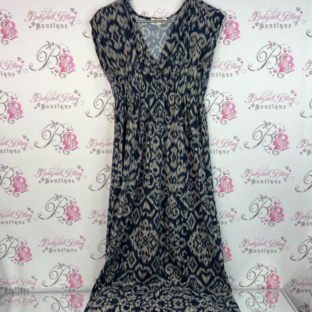 Pink Rose dress chevron print blue Navy and Beige Maxi Dress long